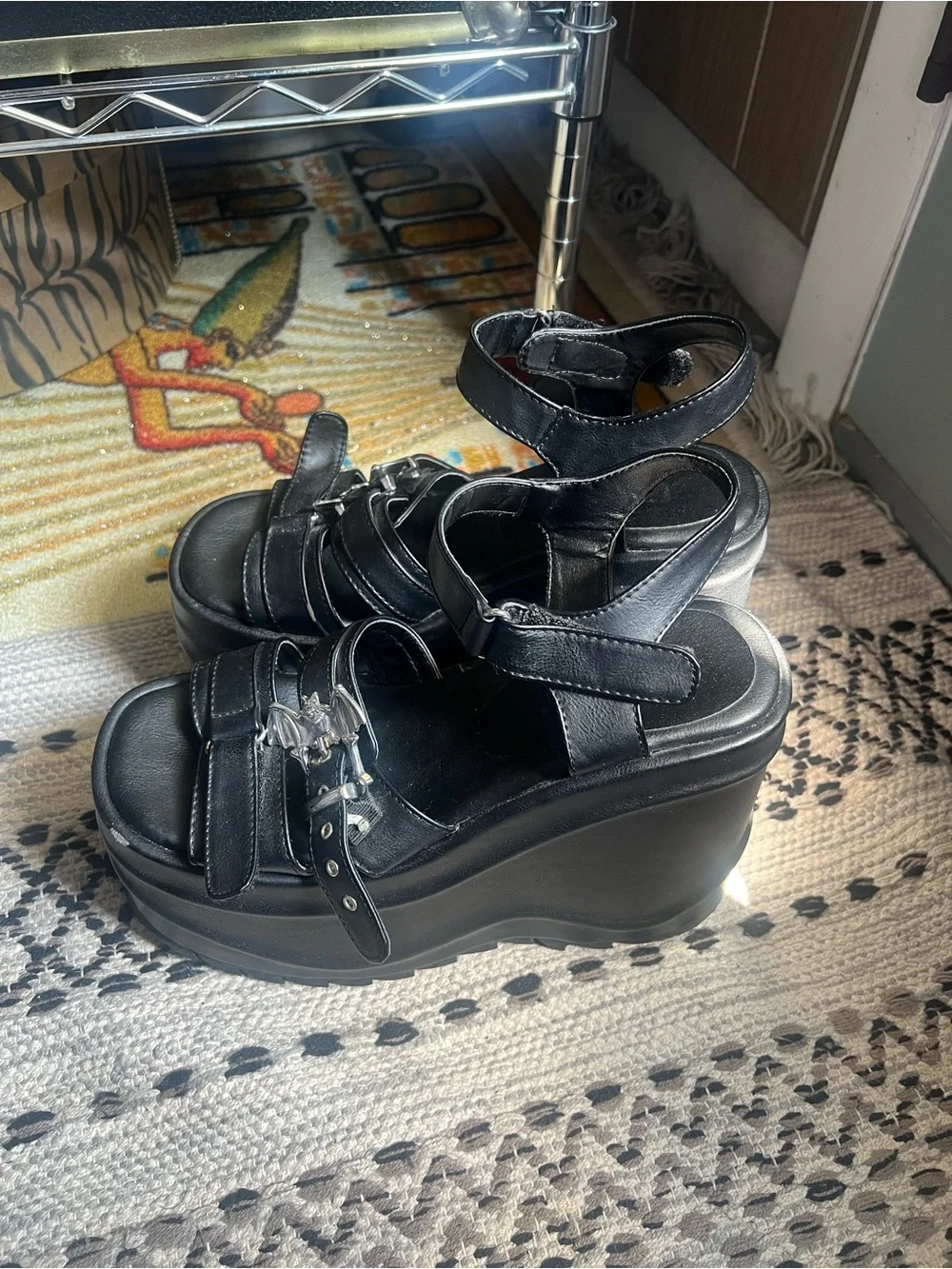 Demonia Black Chunky Platform Wedge Sandals with Buckles